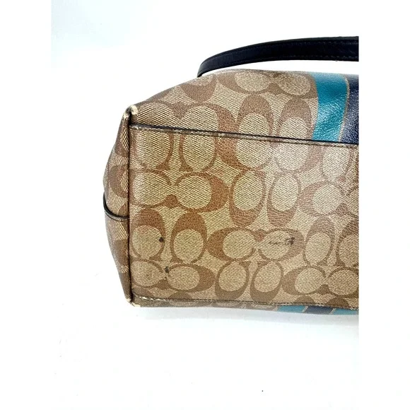 Coach City Tote Signature Canvas Varsity Stripe Brown Teal Navy Zip Top Bag - Picture 7 of 9